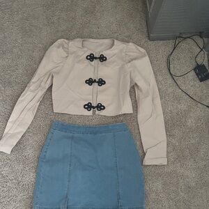 Stylish Blue Denim Skirt and beige blouse